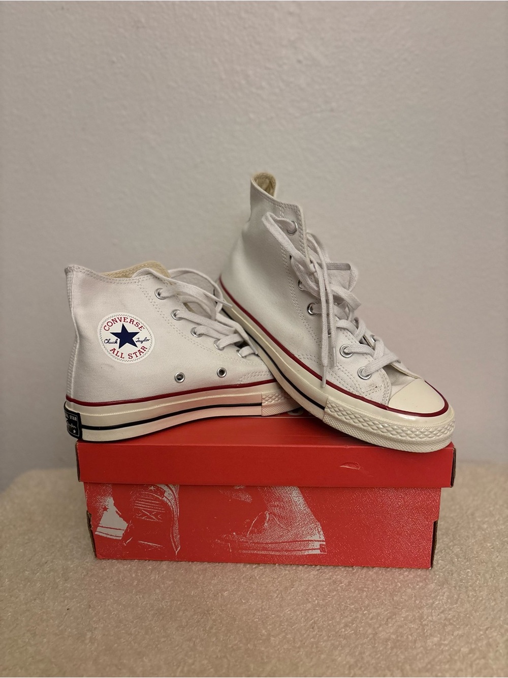 Converse White High Top Sneakers with Red Accent